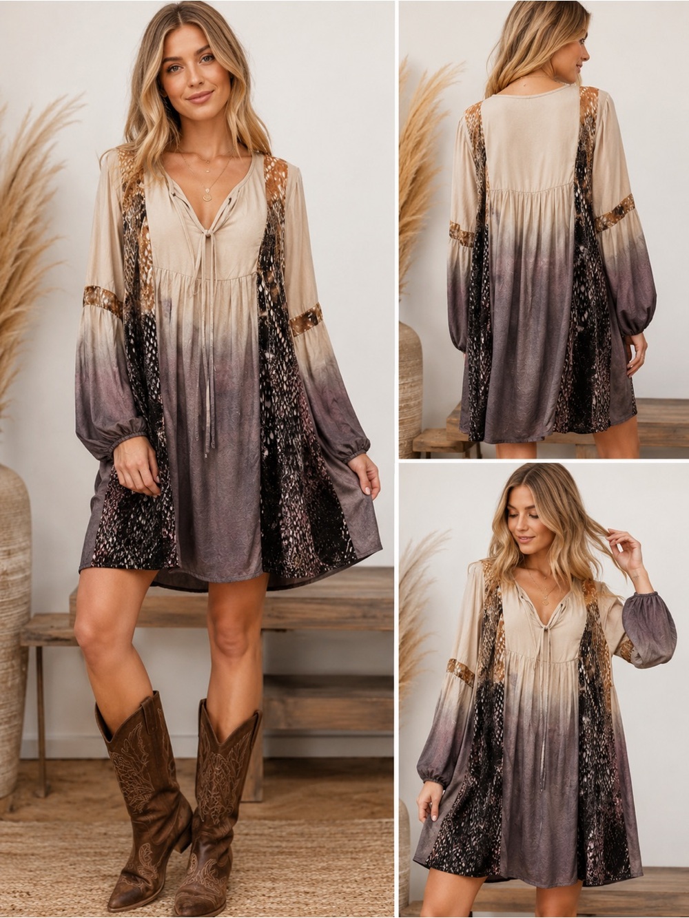 Boho Tie-Front Tunic Dress in Cream, Brown & Purple